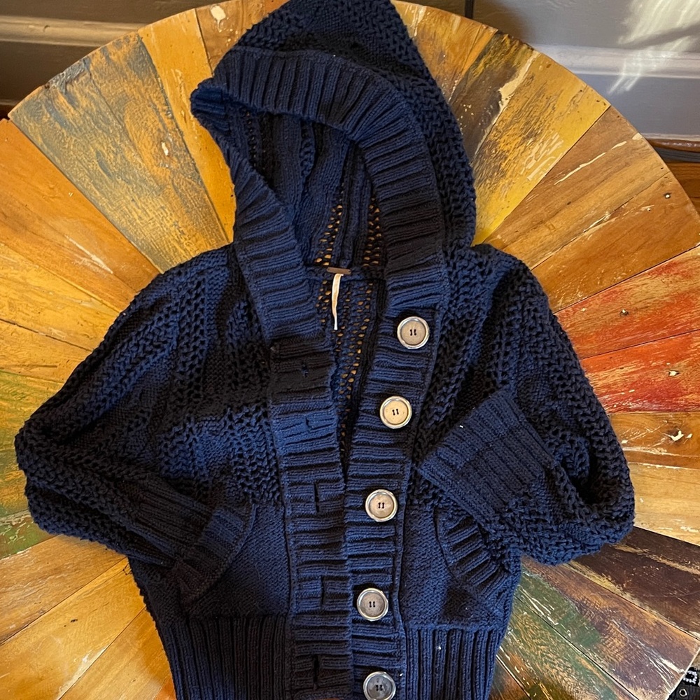Free People Navy Hooded Knit Cardigan with Buttons and pockets, size S